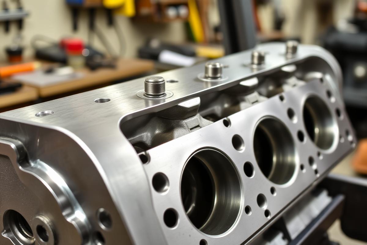 Placeholder: a cylinder head after resurfacing, with a clean machined mating surface