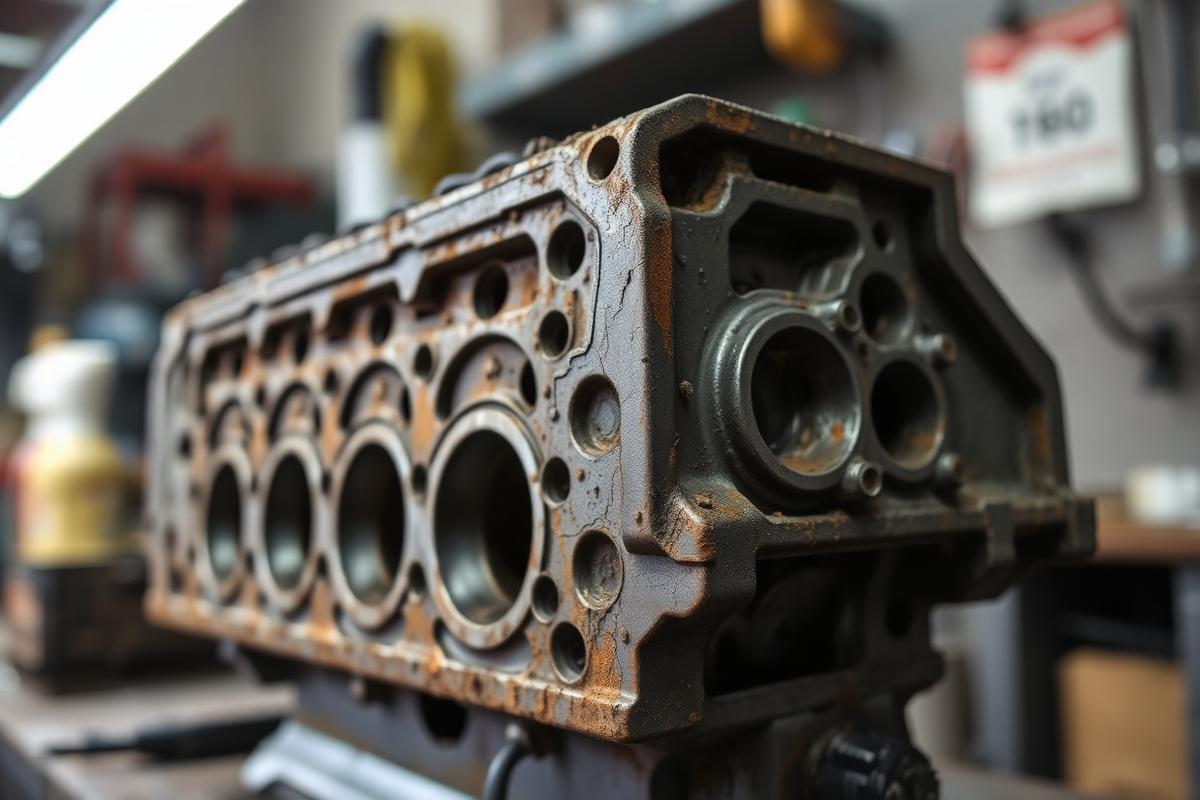 Placeholder: a worn cylinder head before machining, with carbon buildup and corrosion